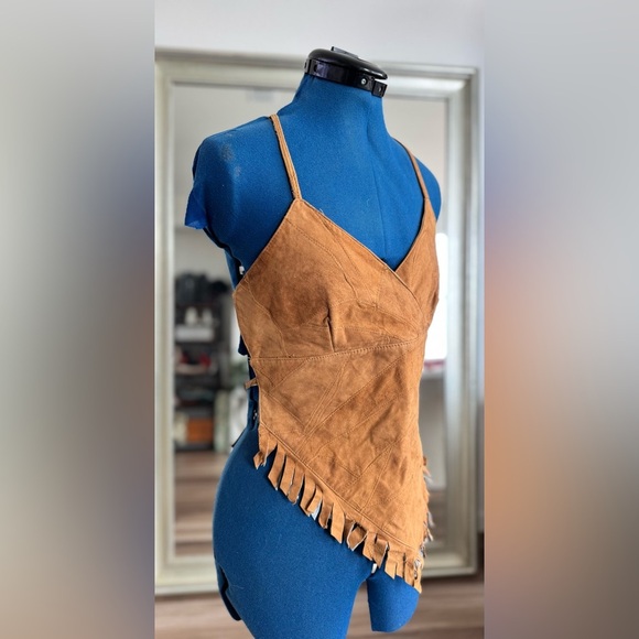 Vintage 90s Y2K RAVE Brown Tan Tassel Halter Top Size M